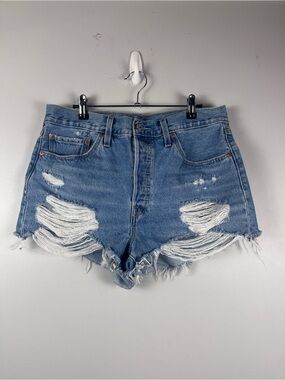 Levis 501 Original Womens Distressed Cut Off Denim Shorts Light Wash Blue W32